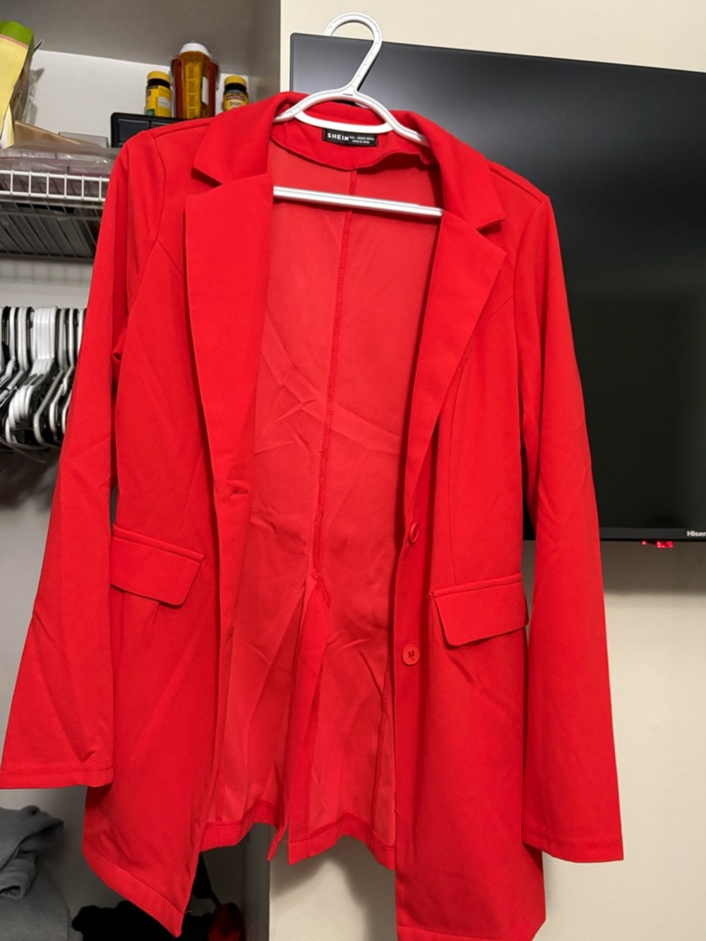 SHEIN Bold Red Long Blazer Jacket